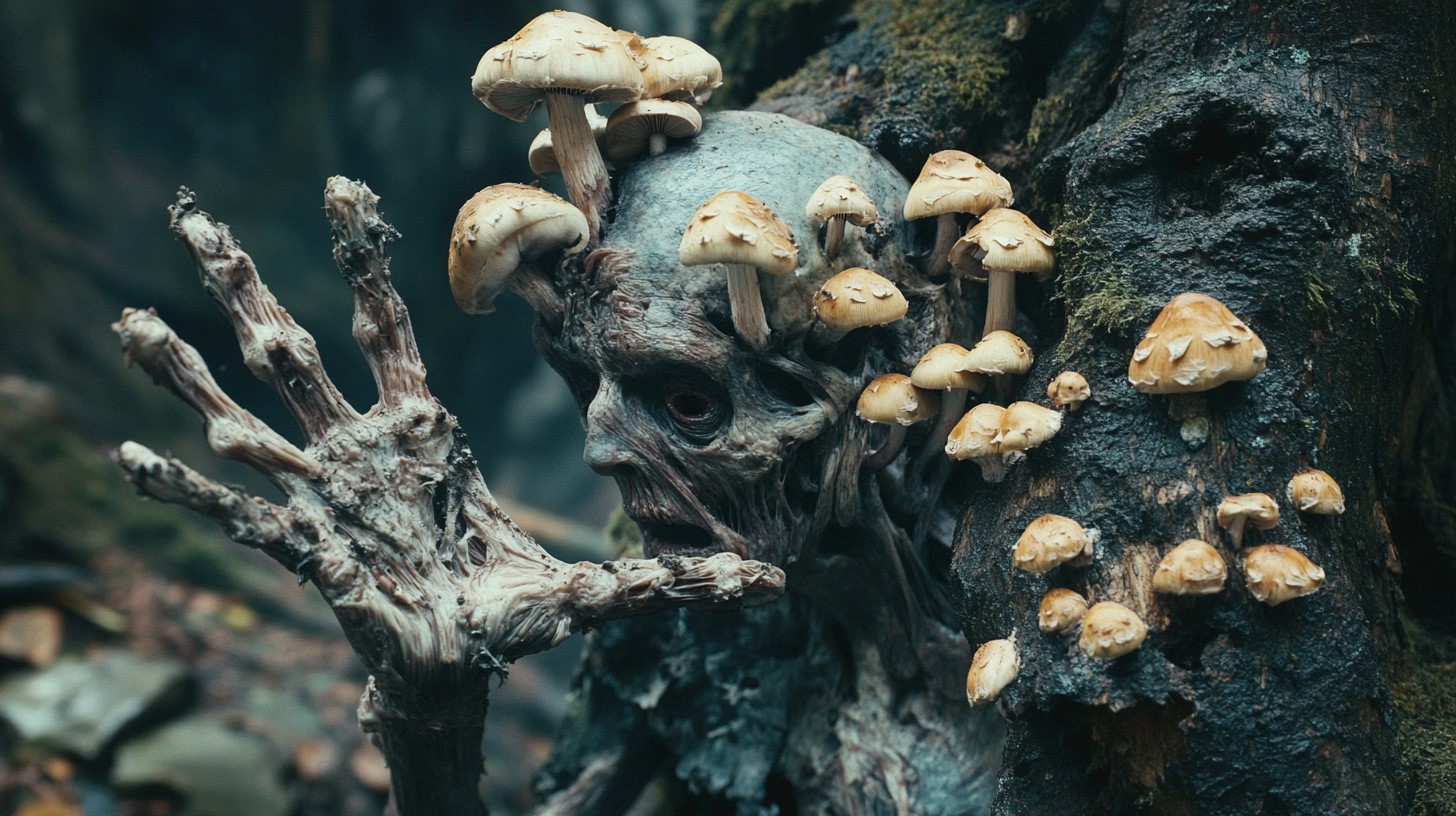 Prompt: horror movie, full body shot, A man with mushrooms growing out of his head, slumped against a tree slowly merging, holding up a deformed hand, looking at his held out hand in apathy, mushrooms are growing out of his hand, shot on 70mm film --ar 16:9 --v 6.1