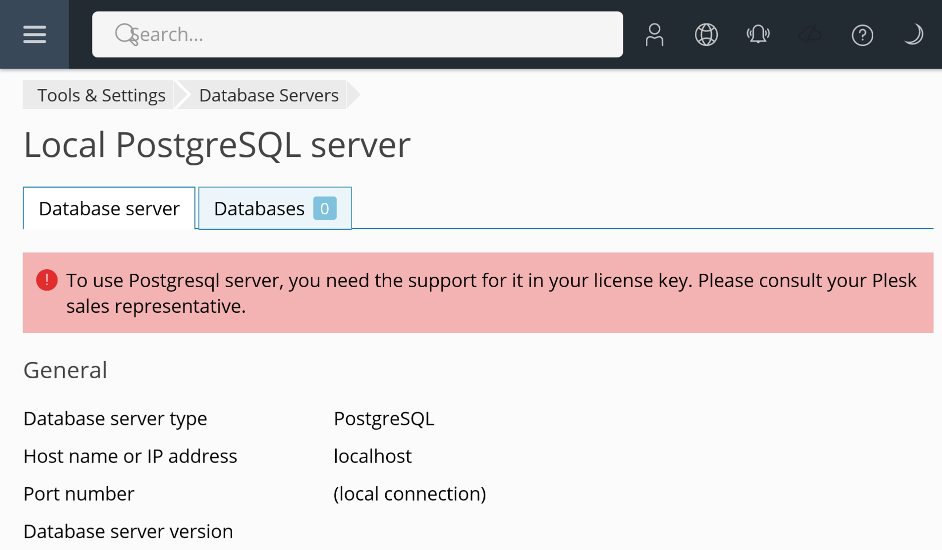 Screenshot of the Plesk admin panel. 
"Database Servers, Local PostgreSQL server"
Error message: "To use PostgreSQL server, you need the support for it in your license key. Please consult your Plesk sales representative."